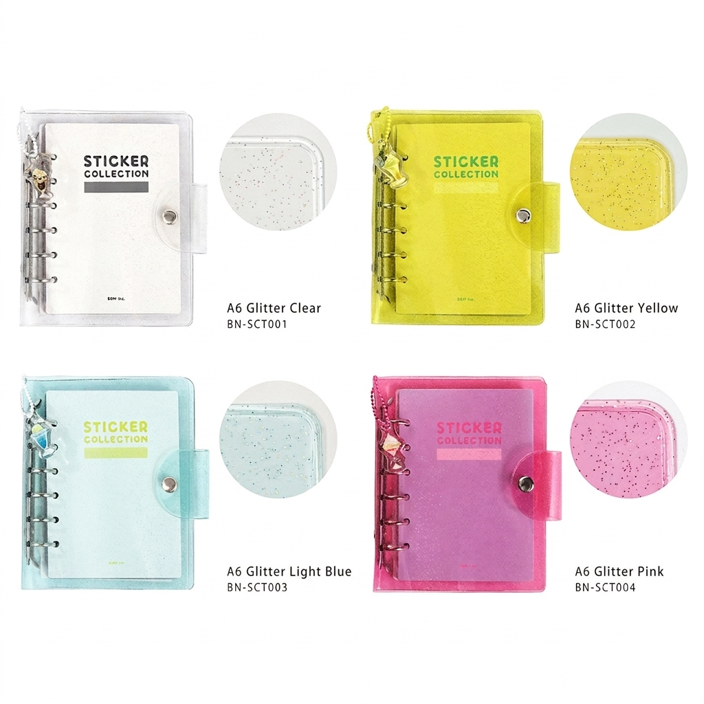 BGM Notebook-Style Sticker Book — A6 Glitter Light Blue — close-up