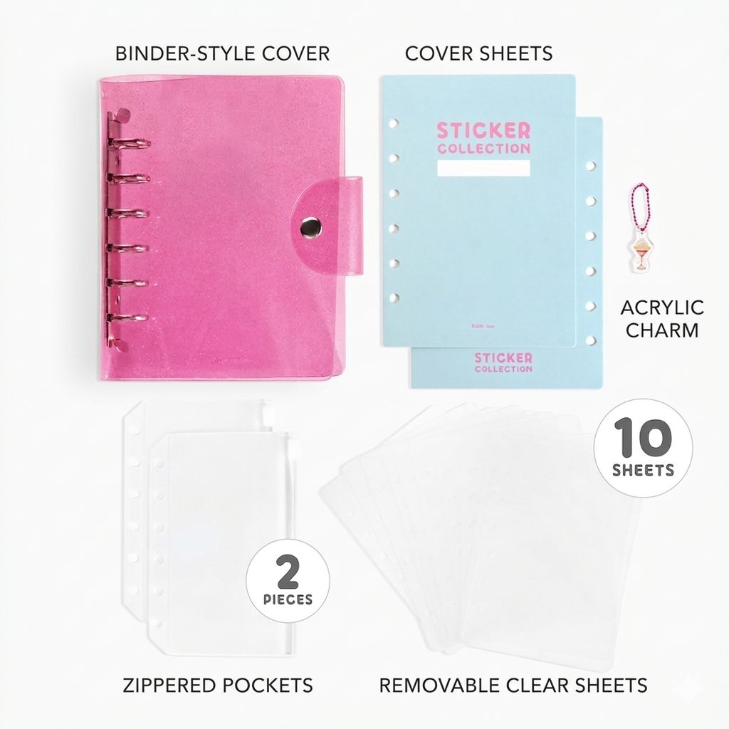 BGM Notebook-Style Sticker Book — A6 Glitter Pink — with packaging
