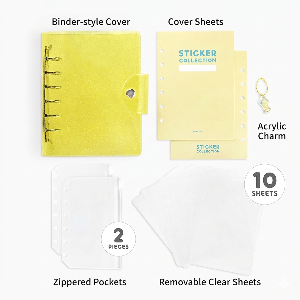 BGM Notebook-Style Sticker Book — A6 Glitter Yellow — with packaging