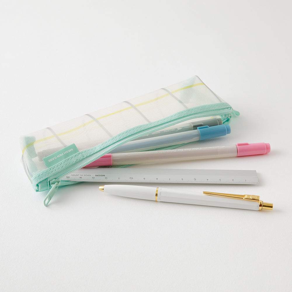 Midori Mesh Pen Case <Limited Edition> — Check Green — with packaging