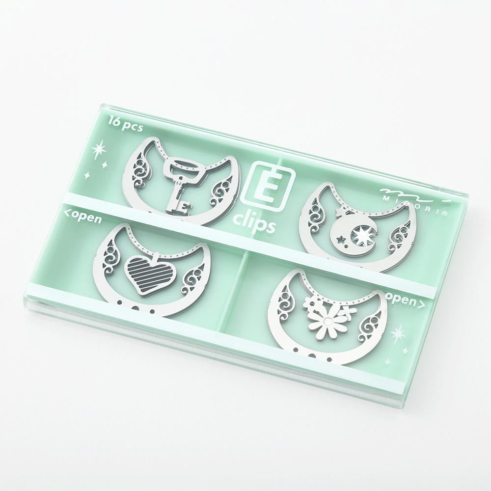 Midori E-Clips Etching Paper Clips — Leaf/Fruit/Necklace/Flower/Space/Stationery — flat lay