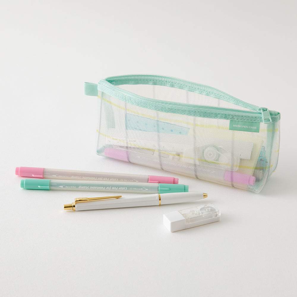 Midori Mesh Pen Case with Gusset <Limited Edition> — Check Green — with packaging