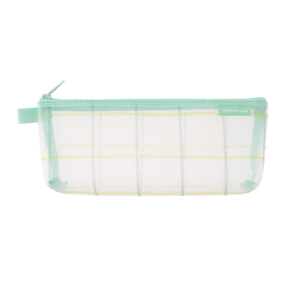 Midori Mesh Pen Case with Gusset <Limited Edition> — Check Green — front view