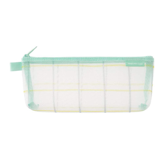 Midori Mesh Pen Case with Gusset <Limited Edition> — Check Green — front view