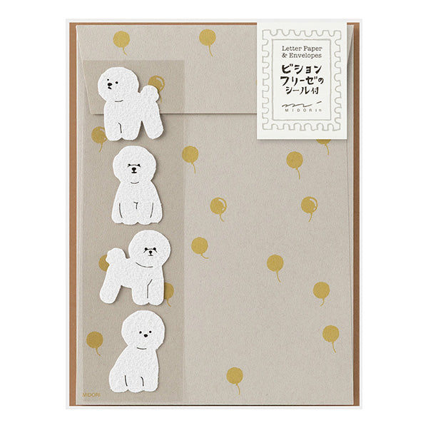 Midori Letter Paper & Envelopes with Stickers — Bichon Frise — front view
