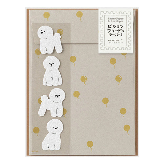 Midori Letter Paper & Envelopes with Stickers — Bichon Frise — front view