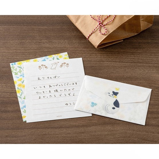 Midori Mini Letter Paper & Envelopes with Stickers — For You Cat — flat lay