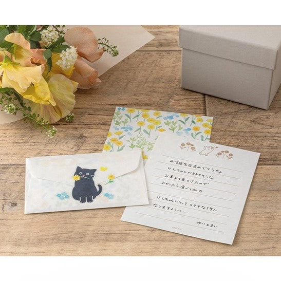 Midori Mini Letter Paper & Envelopes with Stickers — For You Cat — front view