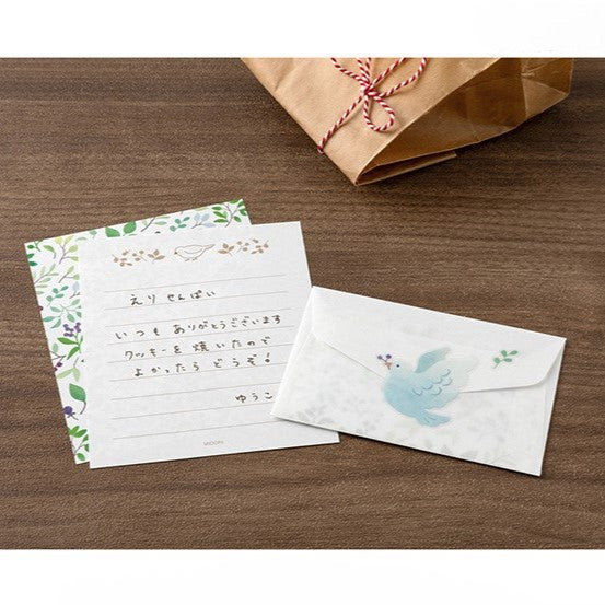 Midori Mini Letter Paper & Envelopes with Stickers — For You Bird — flat lay