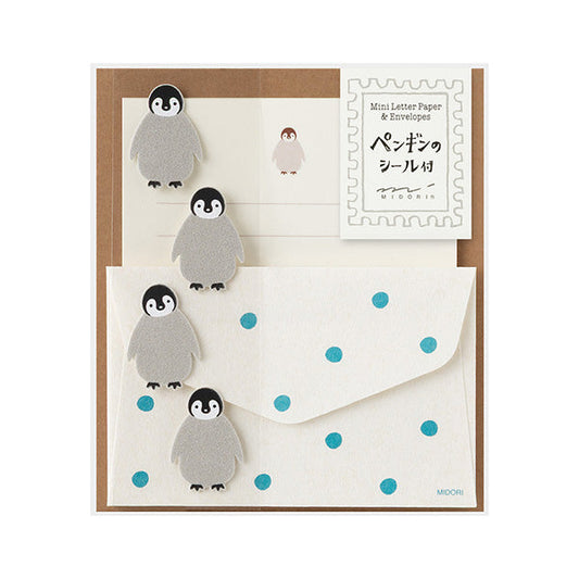 Midori Mini Letter Paper & Envelopes with Stickers — Penguin A — front view