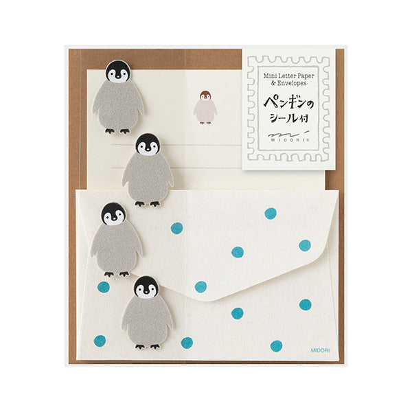 Midori Mini Letter Paper & Envelopes with Stickers — Penguin A — front view