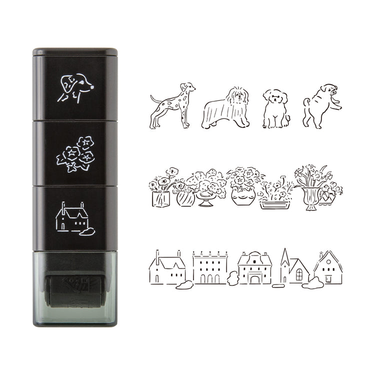 Midori Paintable Stamp Roller — Dog & Landscape — with packaging