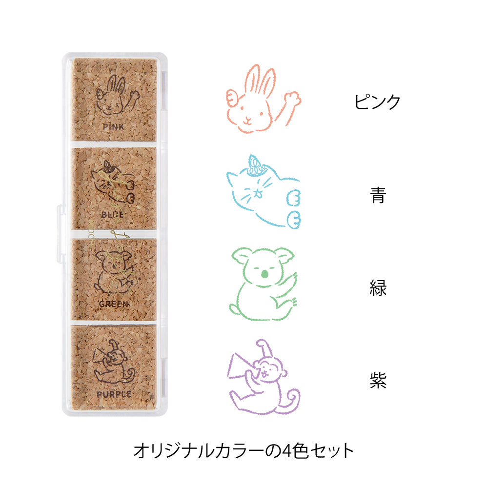 Midori Yuru Log Pre-inked Stamp — Animal Poses — with packaging