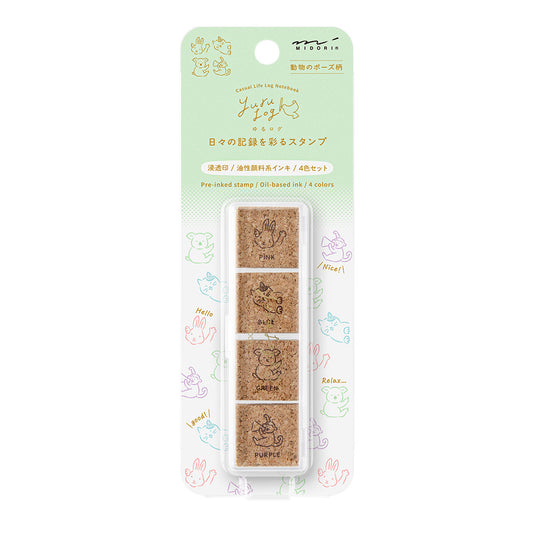Midori Yuru Log Pre-inked Stamp — Animal Poses — stamp front