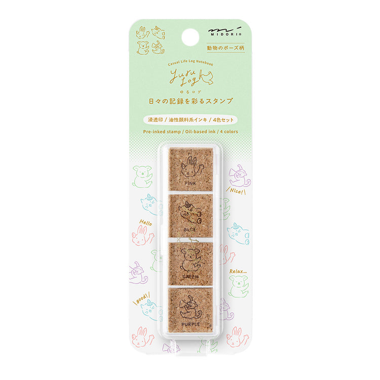 Midori Yuru Log Pre-inked Stamp — Animal Poses — stamp front
