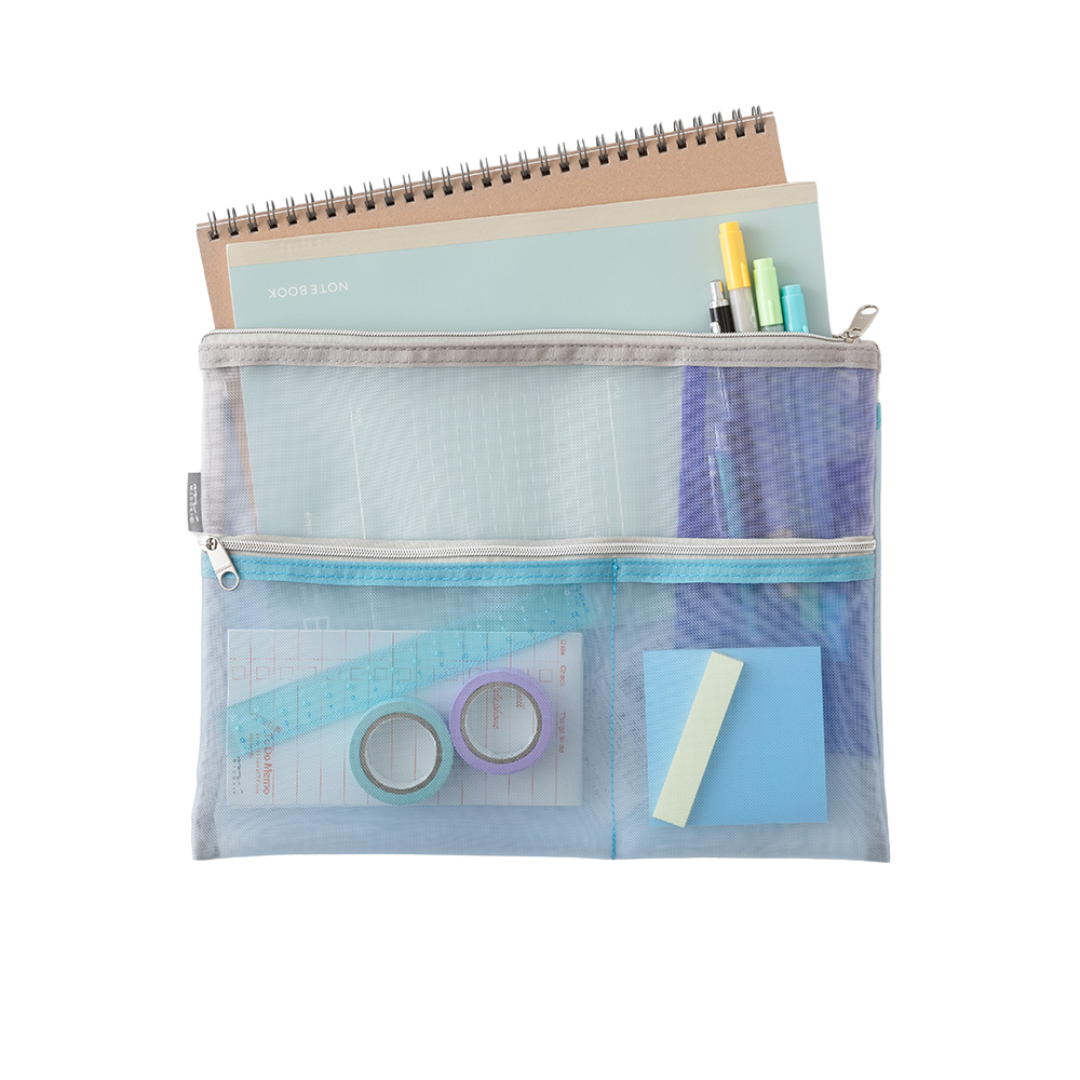 Midori Pen & Tool Pouch <B5> Mesh — Light Blue — flat lay