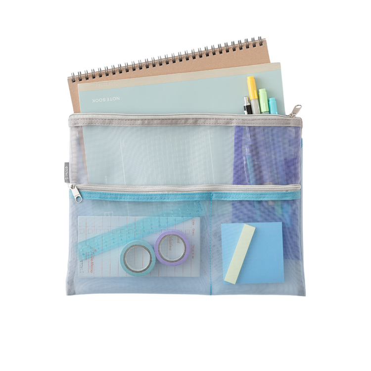 Midori Pen & Tool Pouch <B5> Mesh — Light Blue — flat lay