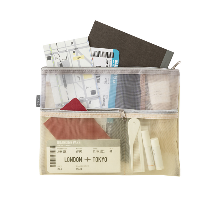 Midori Pen & Tool Pouch <B5> Mesh — Beige — angle view