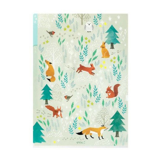 Midori A4 3-Pocket Clear Folder — Nordic Animals — front view