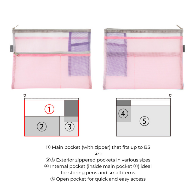 Midori Pen & Tool Pouch <B5> Mesh — Pink — with packaging