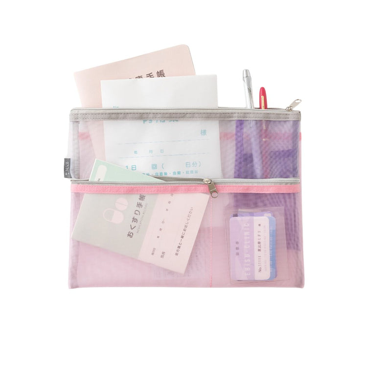 Midori Pen & Tool Pouch <B5> Mesh — Pink — angle view