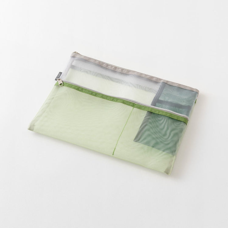 Midori Pen & Tool Pouch <B5> Mesh — Green — angle view