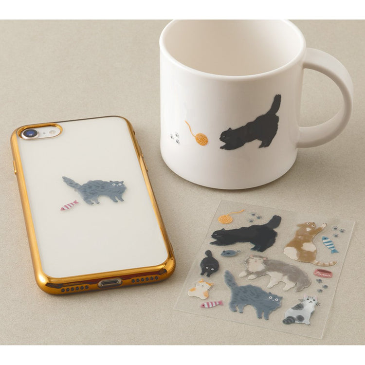 Midori Glossy Transfer Sticker — Cat — applied in a journal