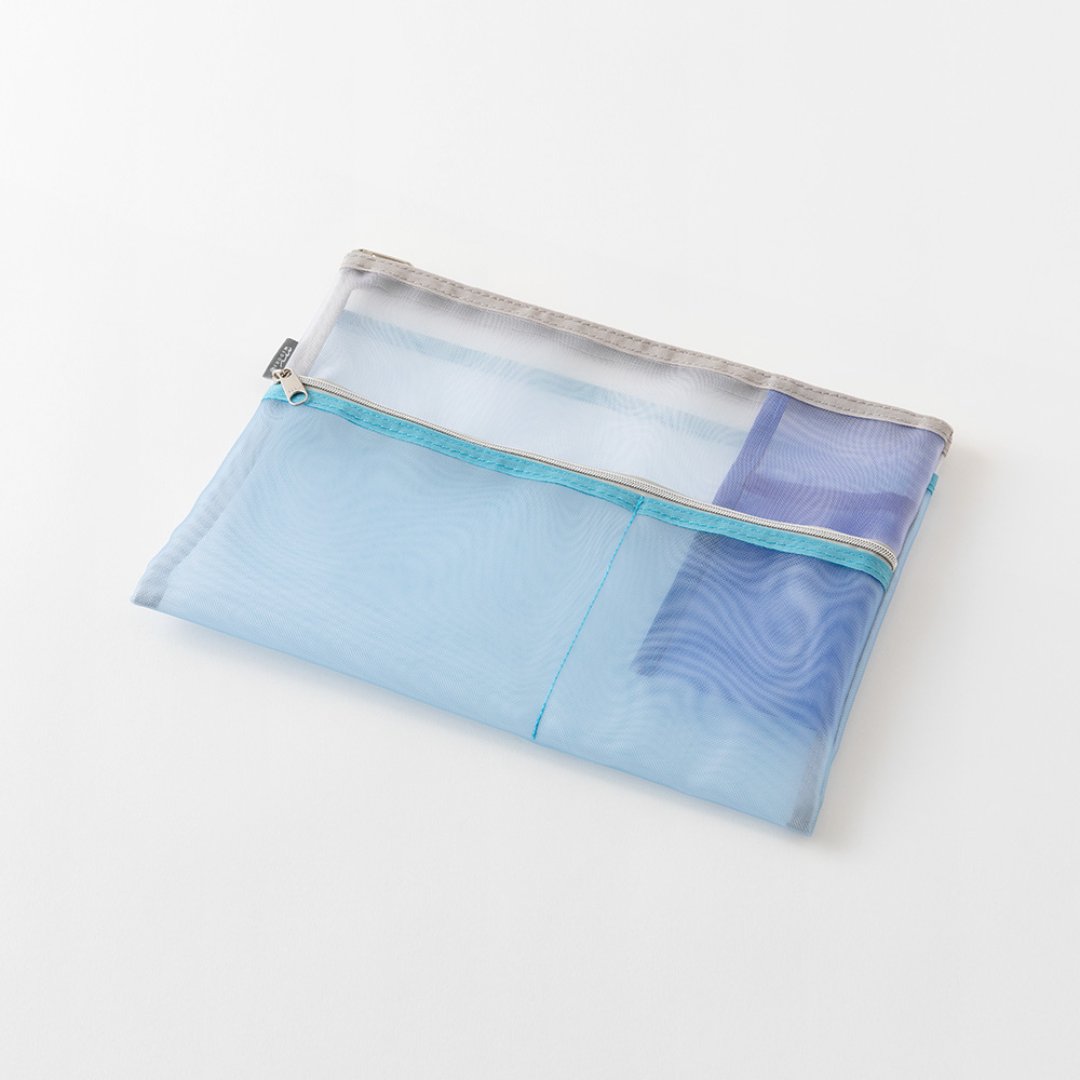 Midori Pen & Tool Pouch <B5> Mesh — Light Blue — with packaging