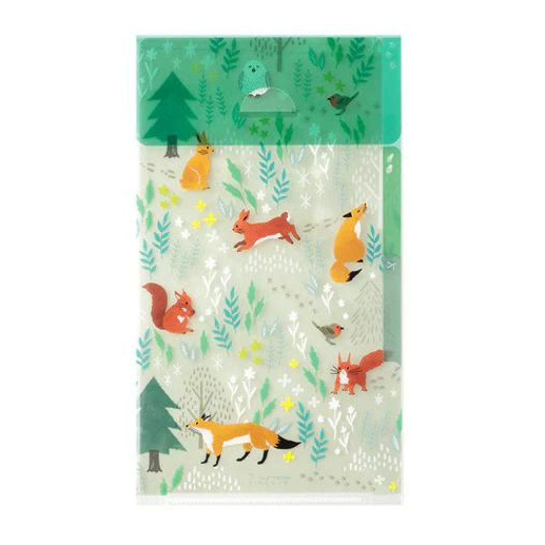 Midori A5 Slim 3-Pocket Clear Folder with Flap — Nordic Animals — front view