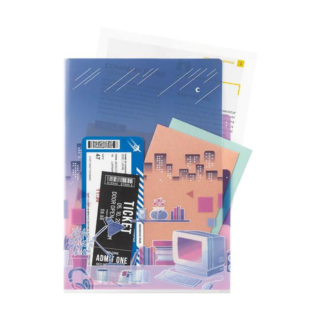Midori A4 3-Pocket Clear Folder — City Pop — with packaging