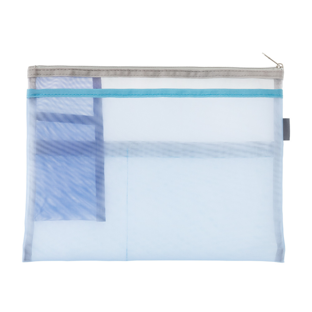 Midori Pen & Tool Pouch <B5> Mesh — Light Blue — angle view