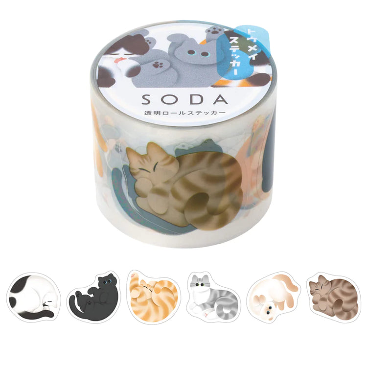 KITTA Soda Transparent Masking Tape — Rolling Cat — roll front