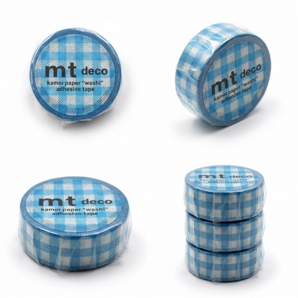 mt 1P Kamoi Washi Tape — Ichimatsu Gingham Blue — rolled out on paper