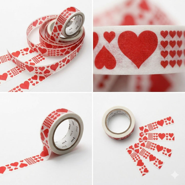 mt 1P Kamoi Washi Tape — Heart Red — rolled out on paper