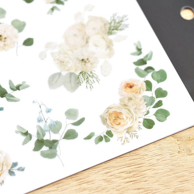MU Craft Print-On Sticker White Flowers 169 — applied in a journal