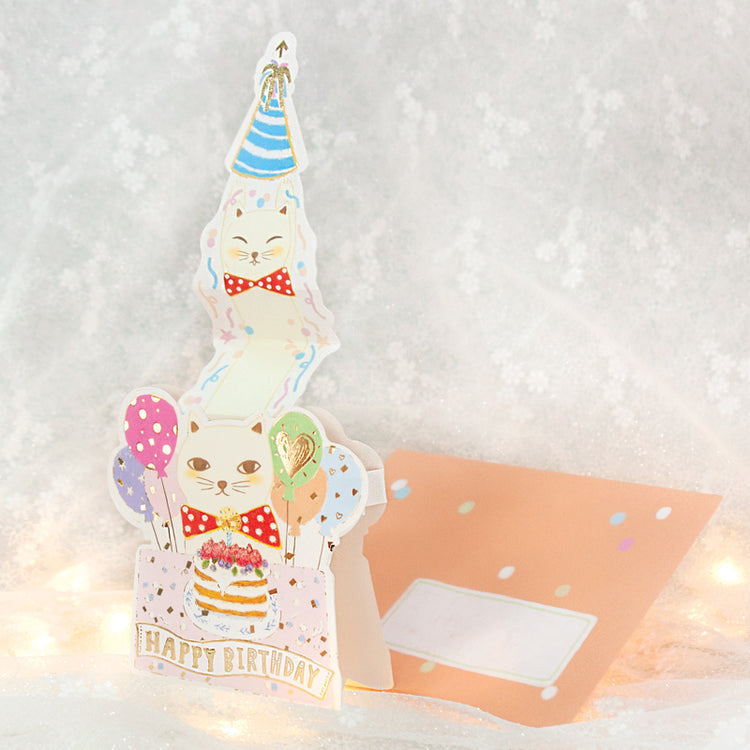D'Won 3D Pop Up Birthday Card — White Cat — card open showing design