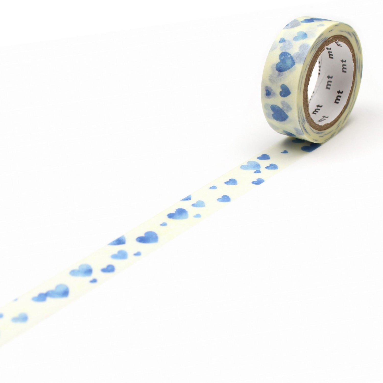 mt Deco Washi Tape — Heart Stamp Blue — roll front