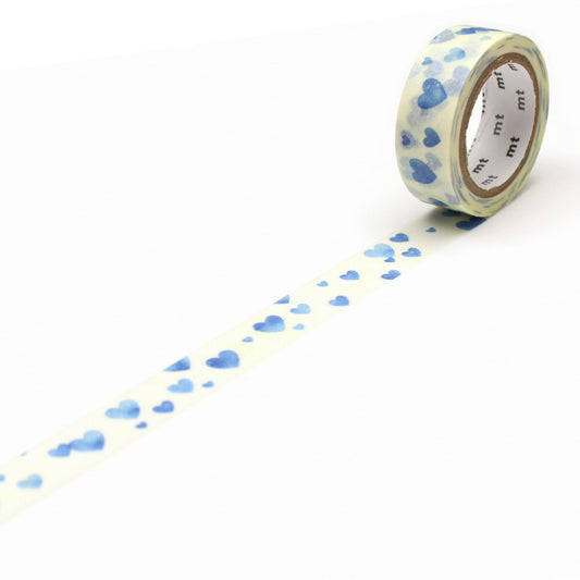 mt Deco Washi Tape — Heart Stamp Blue — roll front