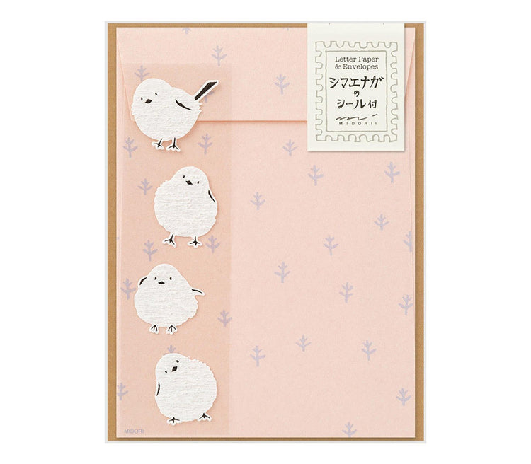 Midori Letter Set with Stickers — Long-tailed Tit — front view