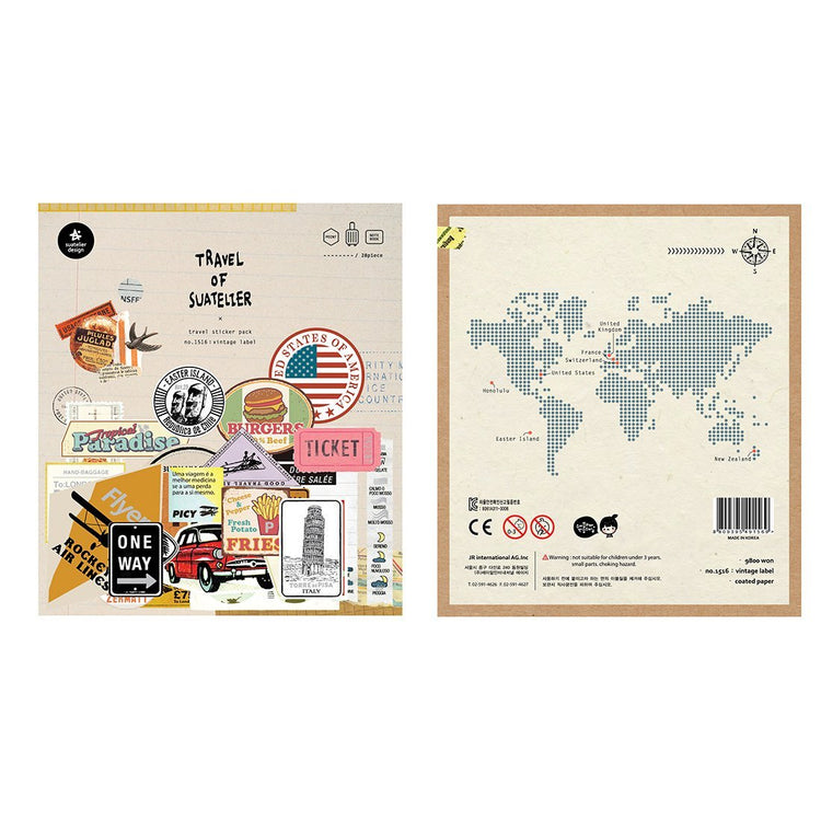 Suatelier Travel Luggage Sticker Pack — Vintage Labels — applied in a journal