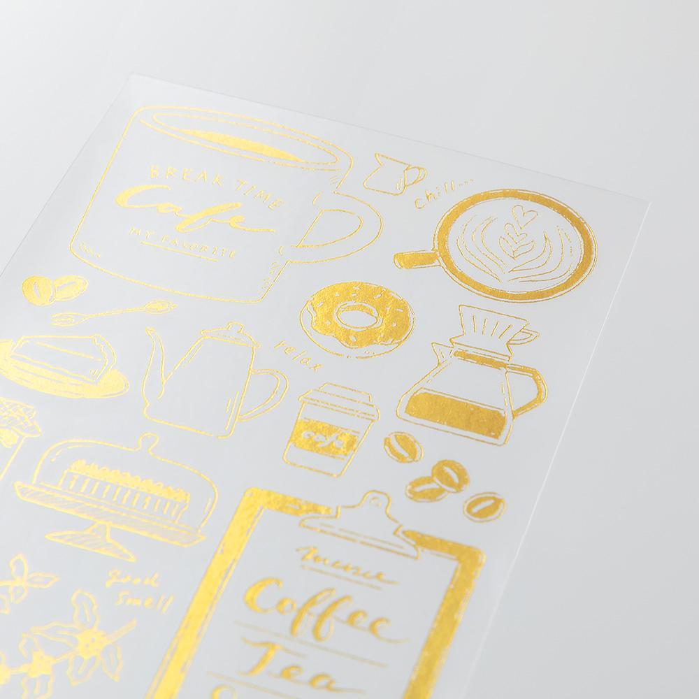 Midori Foil Transfer Sticker — Coffee — applied in a journal