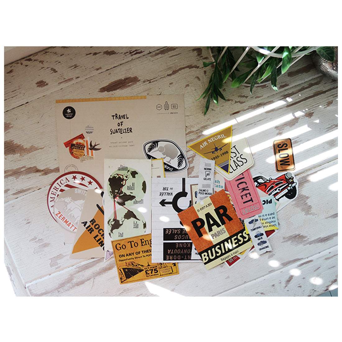 Suatelier Travel Luggage Sticker Pack — Vintage Labels — close-up