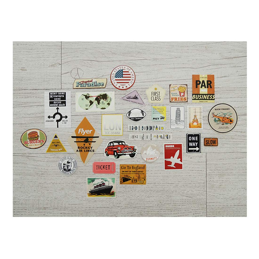 Suatelier Travel Luggage Sticker Pack — Vintage Labels — with packaging