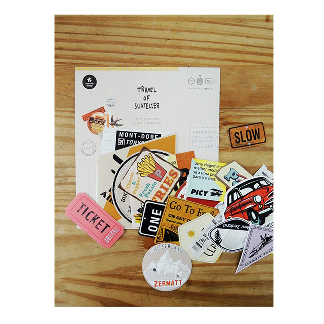 Suatelier Travel Luggage Sticker Pack — Vintage Labels — flat lay