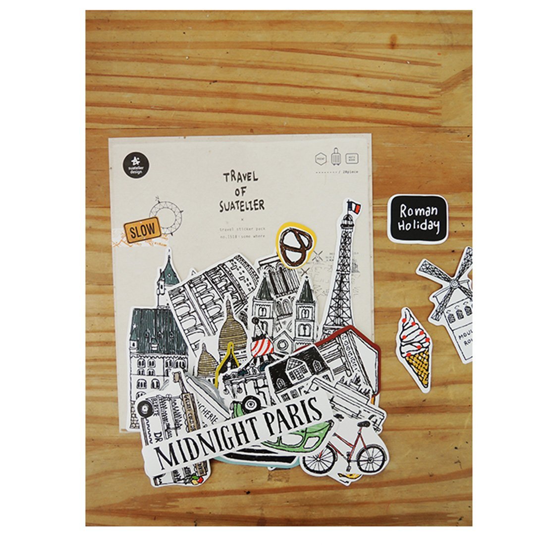 Suatelier Travel Luggage Sticker Pack — Some Where — applied in a journal