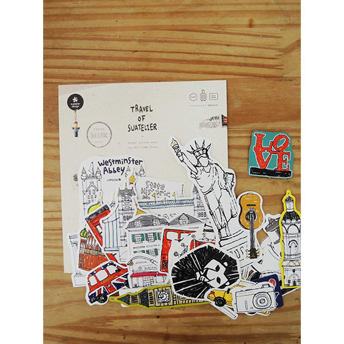 Suatelier Travel Luggage Sticker Pack — Some Place — applied in a journal
